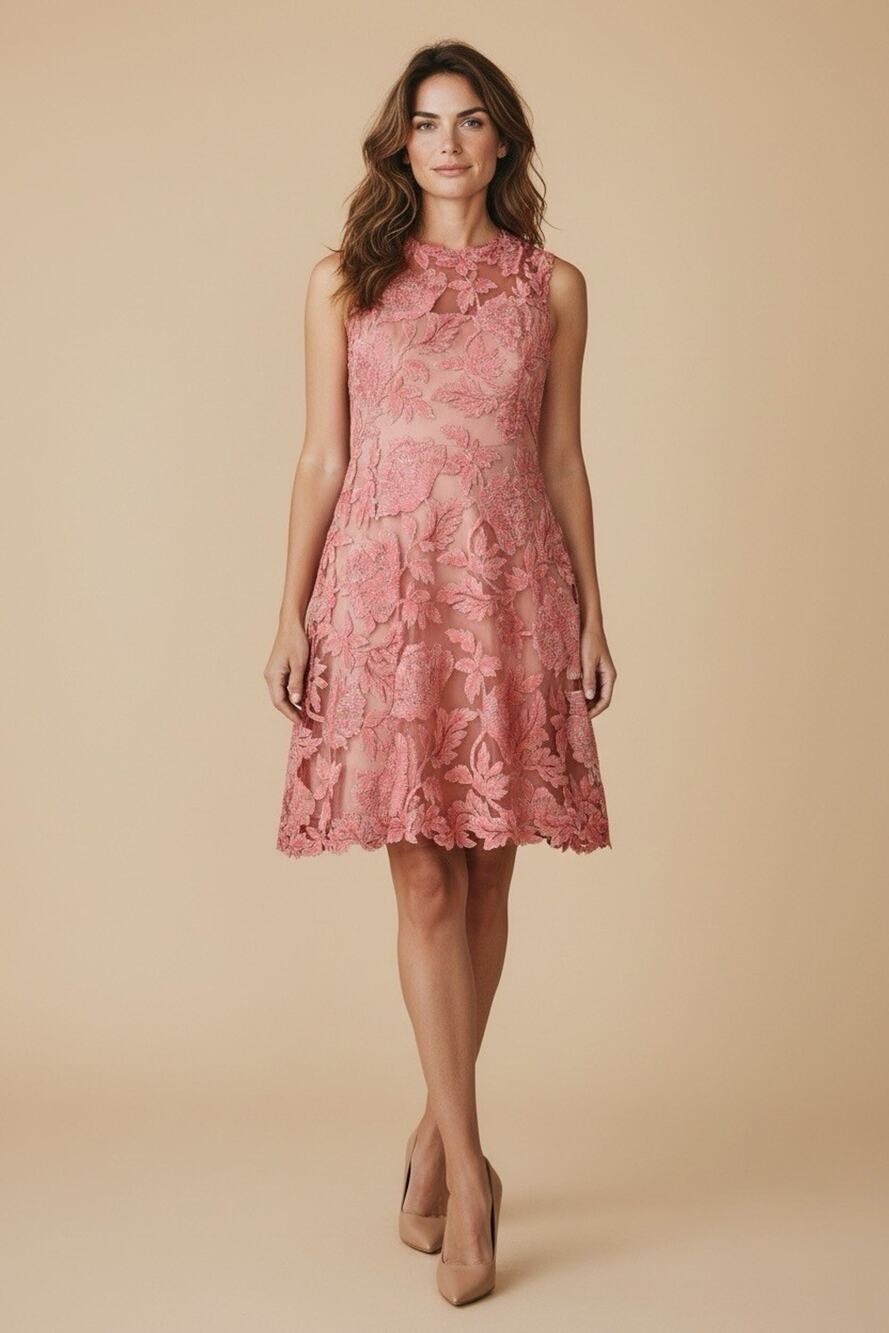 Tadashi Shoji Pink Gold Lace Waist Dress 12 Petite. Wedding Guest MOB MOG